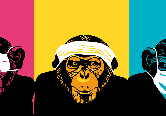 Graphic of the three wise monkeys with corona mask on the eyes, over the ears and on the mouth.