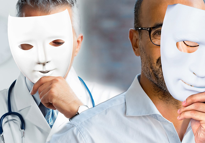 Physician with white face mask held out.
