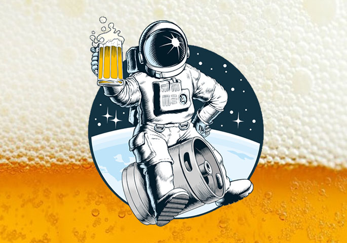 Drawing of astronaut on beer keg in space with beer on background.