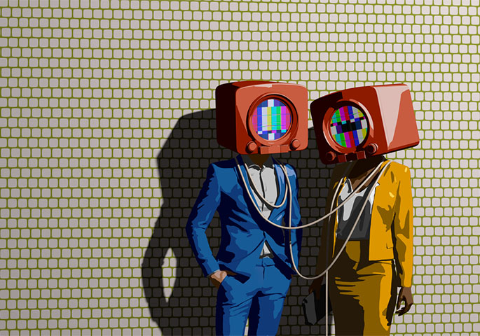 Two people with televisions as heads, whose screens show colorful test images, stand opposite each other. They wear stylish suits and stand in front of a wall with a small, square tile pattern.
