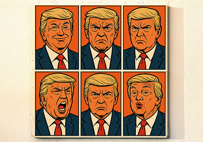 6 faces of Donald Trump in cartoon style.