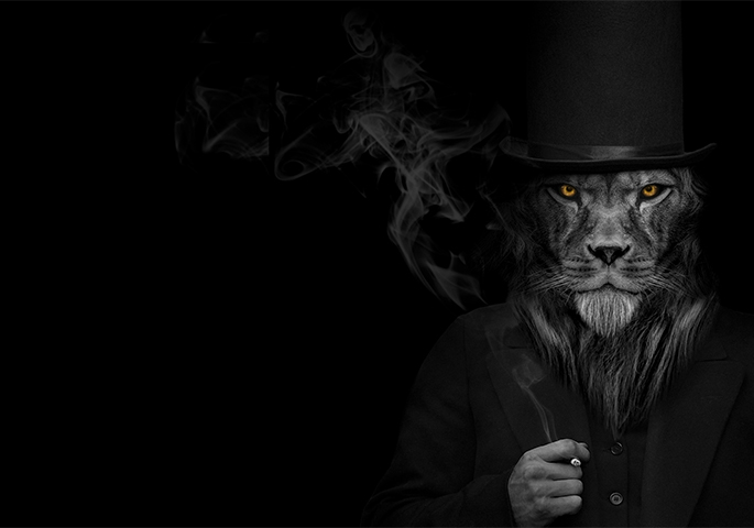 Smoking man in a suit and bowler hat has a lion face.