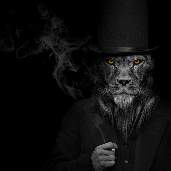 Smoking man in a suit and bowler hat has a lion face.