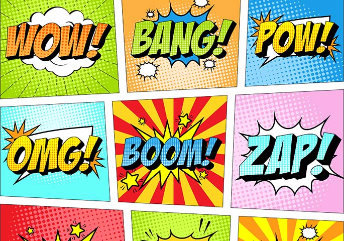 Various colorful comic speech bubbles like BOOM! and WOW!