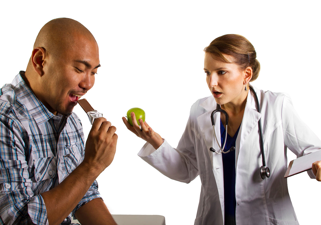 Doctor holding an apple is shocked by a patient eating a chocolate bar.