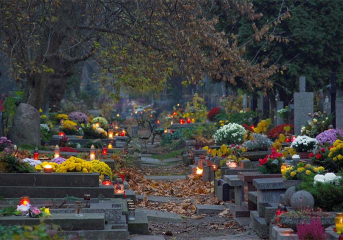 Wooded cemetery with grave lights.