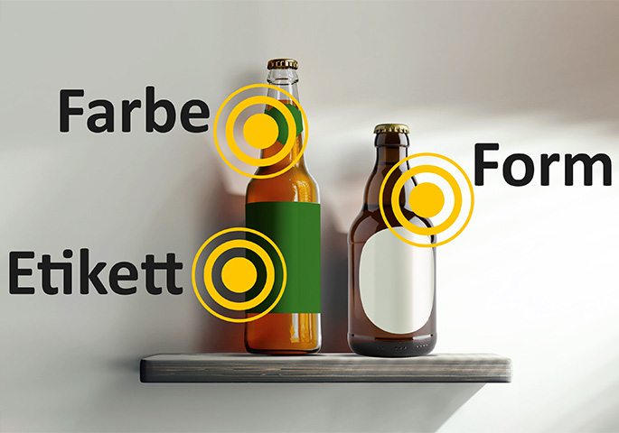 Symbolic beer bottles with marked dots and the descriptions color, label and shape.