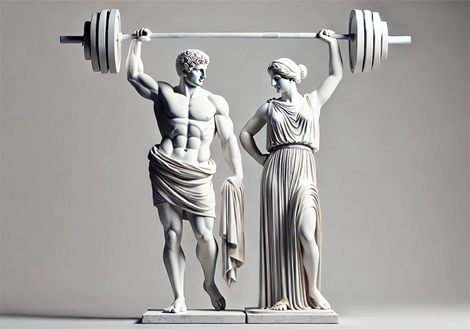 Man and woman as Greek marble statues hold up a barbell together.