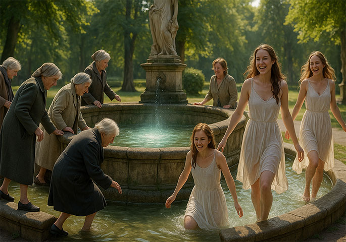 A fountain of youth to which old women go and from which young women emerge beaming with joy.